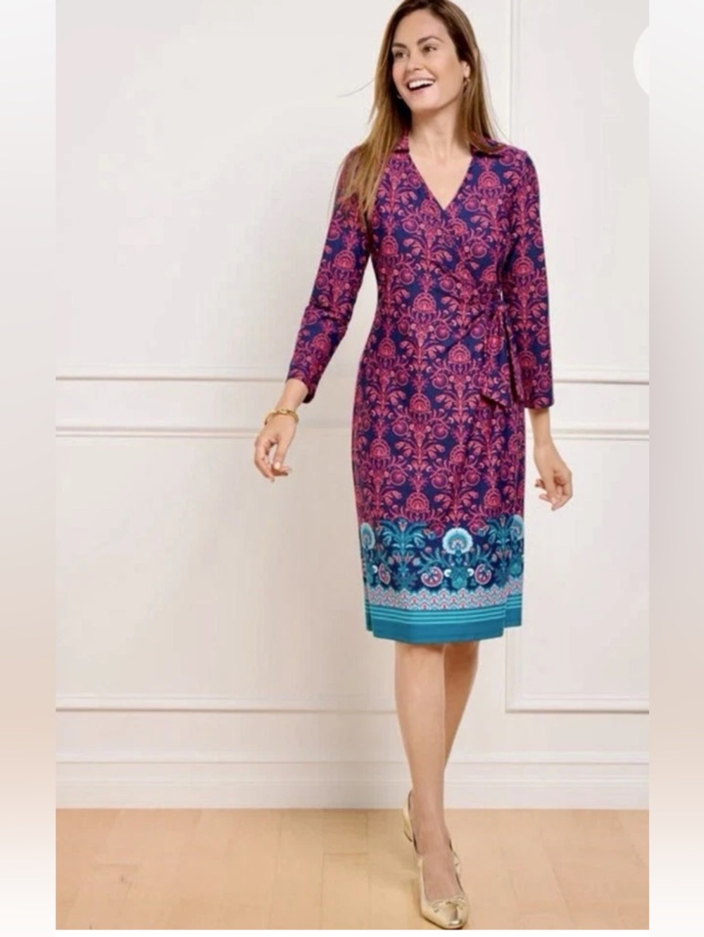 NWT Talbots Kelley Damask Print Jersey Wrap Dress, Size Small